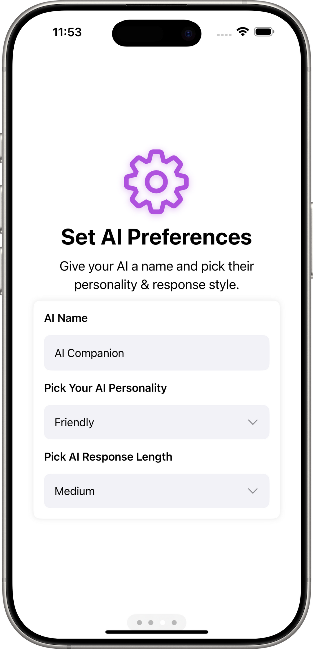 Veylo AI App - Customize AI Personality and Response Style Screenshot of Veylo AI settings screen showing options to name your AI, choose a personality, and select response length.