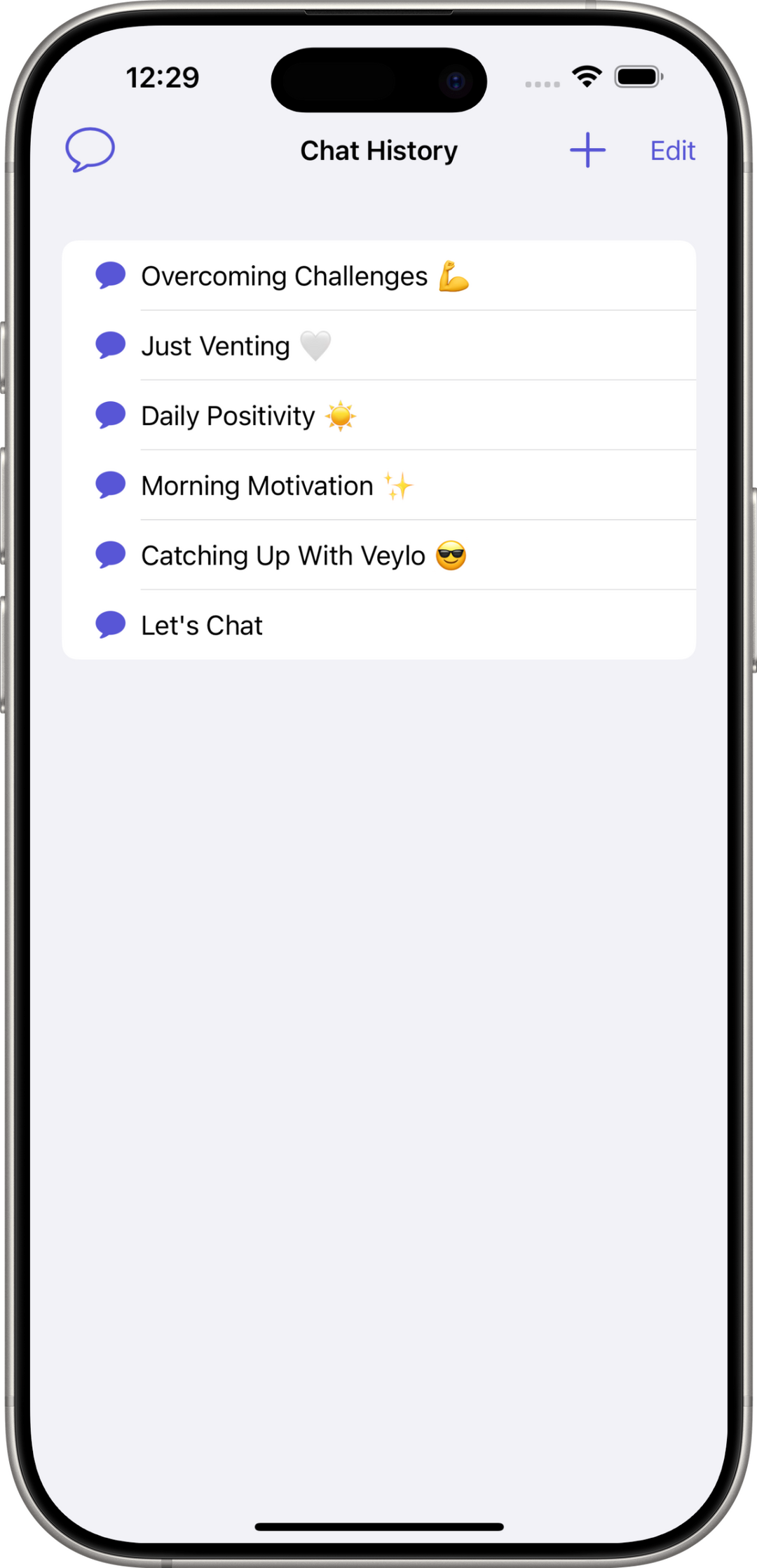 Veylo AI Chat History - View and Revisit Personalized Conversations Screenshot of Veylo AI's chat history on iPhone showing saved conversations like Overcoming Challenges, Morning Motivation, and Daily Positivity.